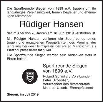 Traueranzeige von Rüdiger Hansen von Siegener Zeitung