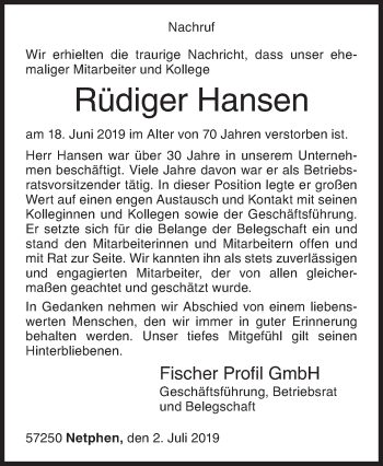Traueranzeige von Rüdiger Hansen von Siegener Zeitung