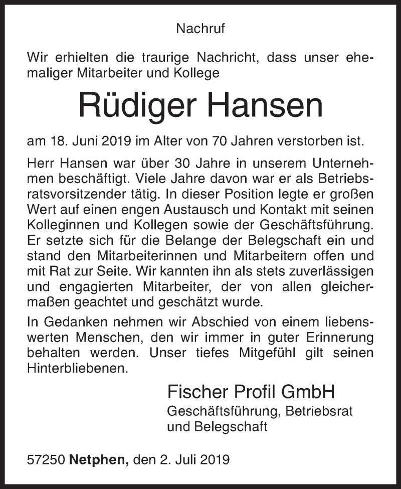  Traueranzeige für Rüdiger Hansen vom 02.07.2019 aus Siegener Zeitung