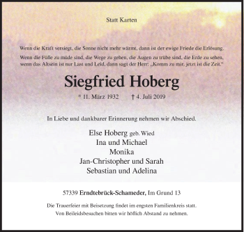 Traueranzeige von Siegfried Hoberg von Siegener Zeitung