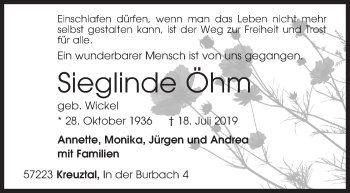 Traueranzeige von Sieglinde Öhm von Siegener Zeitung