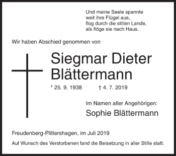 Traueranzeige von Siegmar Dieter Blättermann von Siegener Zeitung