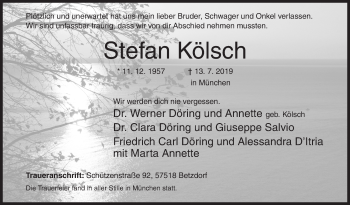 Traueranzeige von Stefan Kölsch von Siegener Zeitung