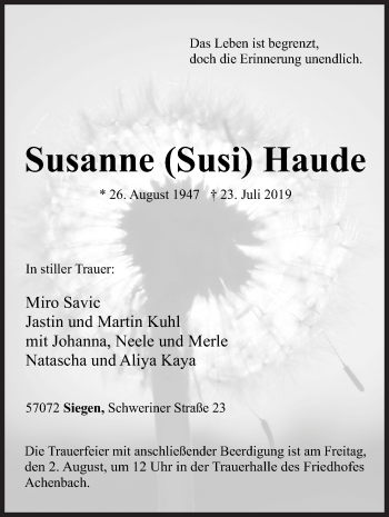 Traueranzeige von Susanne Haude von Siegener Zeitung