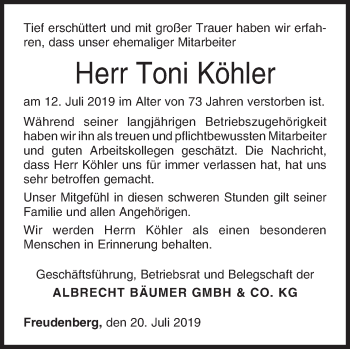 Traueranzeige von Toni Köhler von Siegener Zeitung
