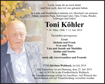 Traueranzeige von Toni Köhler von Siegener Zeitung