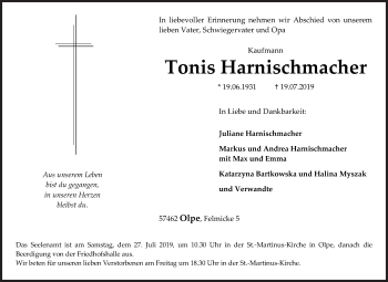 Traueranzeige von Tonis Harnischmacher von Siegener Zeitung