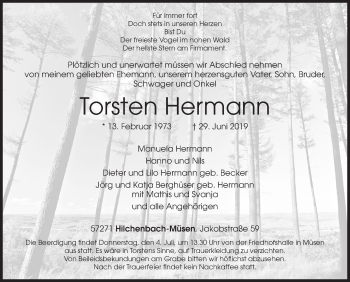 Traueranzeige von Torsten Hermann von Siegener Zeitung