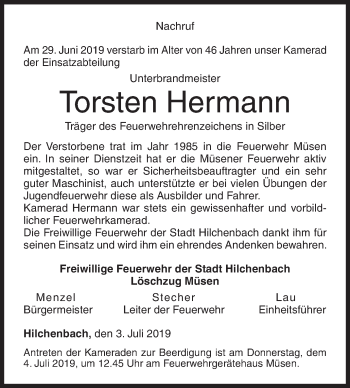Traueranzeige von Torsten Hermann von Siegener Zeitung