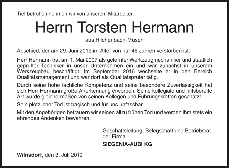  Traueranzeige für Torsten Hermann vom 03.07.2019 aus Siegener Zeitung
