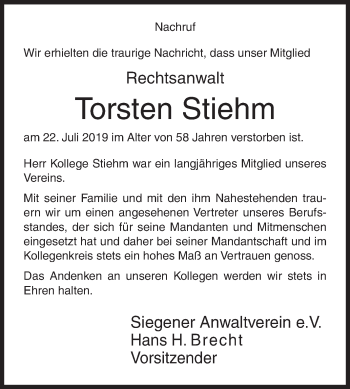 Traueranzeige von Torsten Stiehm von Siegener Zeitung