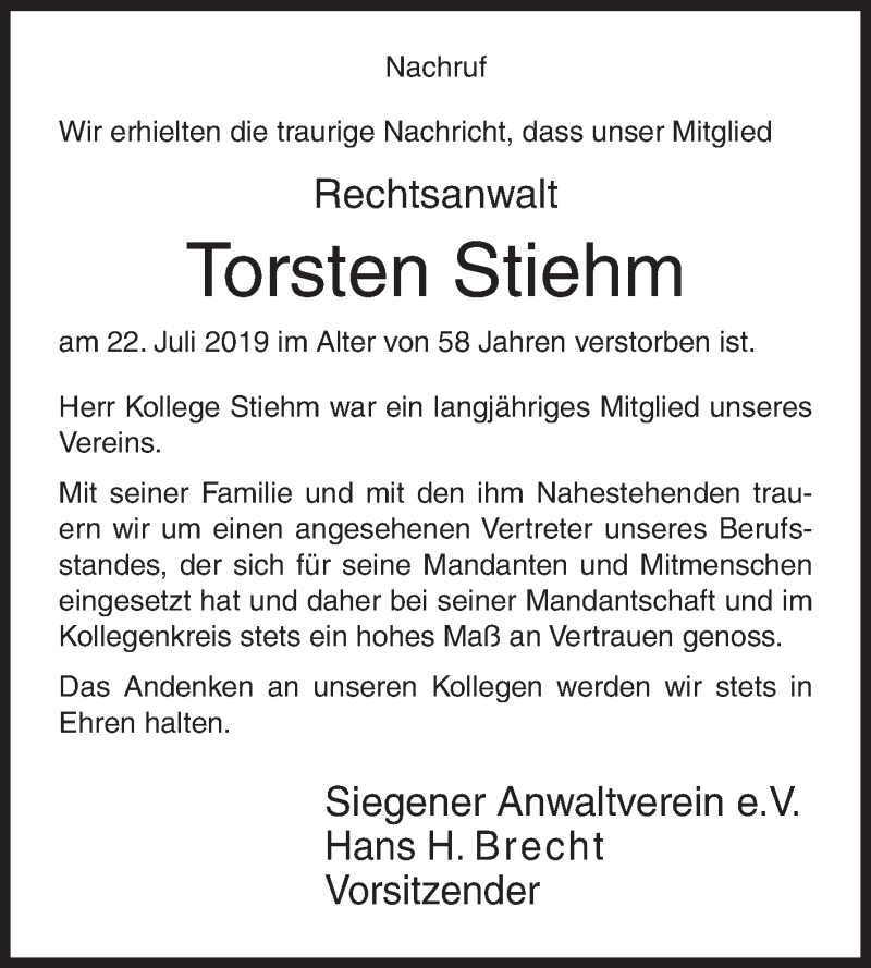  Traueranzeige für Torsten Stiehm vom 27.07.2019 aus Siegener Zeitung