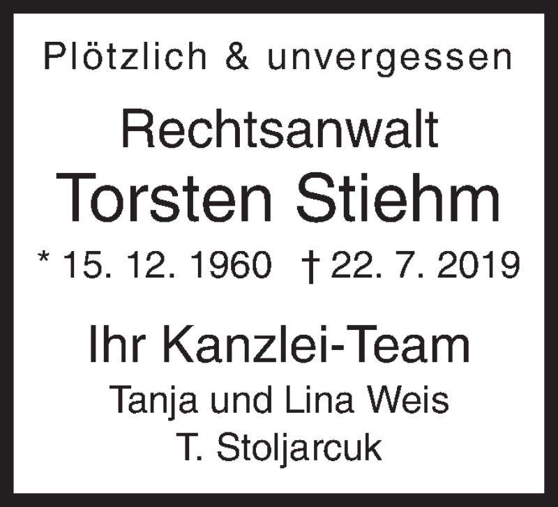  Traueranzeige für Torsten Stiehm vom 27.07.2019 aus Siegener Zeitung