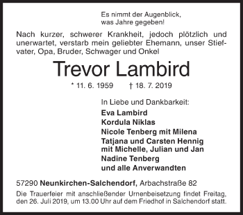 Traueranzeige von Trevor Lambird von Siegener Zeitung