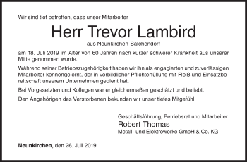 Traueranzeige von Trevor Lambird von Siegener Zeitung