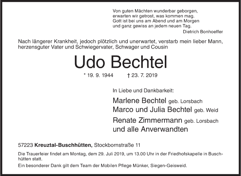  Traueranzeige für Udo Bechtel vom 26.07.2019 aus Siegener Zeitung
