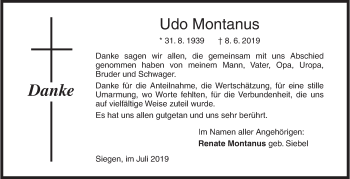Traueranzeige von Udo Montanus von Siegener Zeitung
