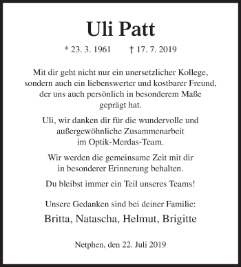 Traueranzeige von Uli Patt von Siegener Zeitung