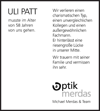 Traueranzeige von Uli Patt von Siegener Zeitung