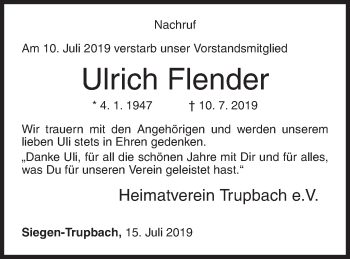 Traueranzeige von Ulrich Flender von Siegener Zeitung