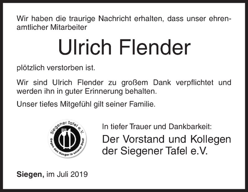  Traueranzeige für Ulrich Flender vom 12.07.2019 aus Siegener Zeitung