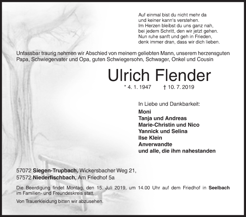  Traueranzeige für Ulrich Flender vom 11.07.2019 aus Siegener Zeitung