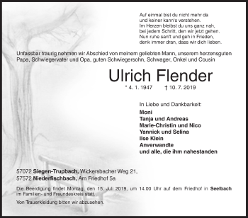 Traueranzeige von Ulrich Flender von Siegener Zeitung