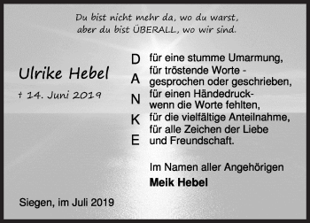 Traueranzeige von Ulrike Hebel von Siegener Zeitung