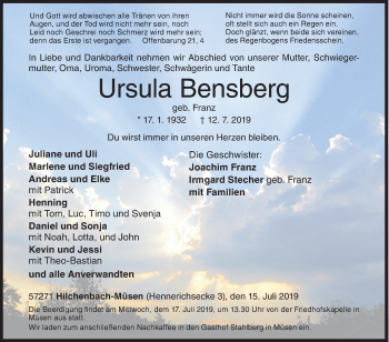Traueranzeige von Ursula Bensberg von Siegener Zeitung