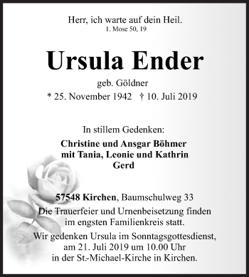 Traueranzeige von Ursula Ender von Siegener Zeitung