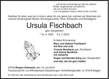 Traueranzeige von Ursula Fischbach von Siegener Zeitung