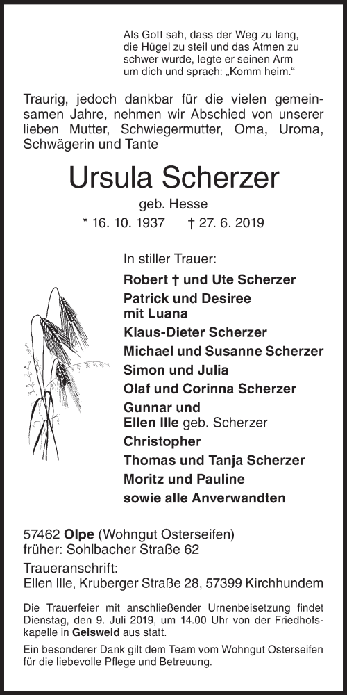  Traueranzeige für Ursula Scherzer vom 03.07.2019 aus Siegener Zeitung