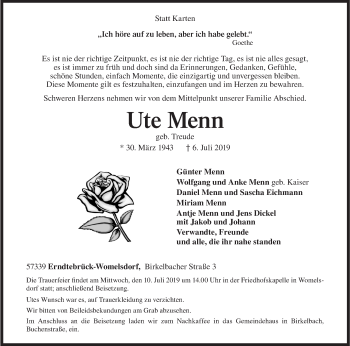 Traueranzeige von Ute Menn von Siegener Zeitung