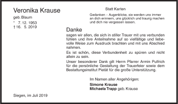 Traueranzeige von Veronika Krause von Siegener Zeitung