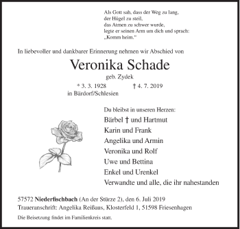Traueranzeige von Veronika Schade von Siegener Zeitung