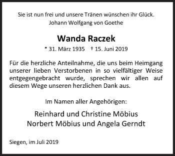 Traueranzeige von Wanda Raczek von Siegener Zeitung