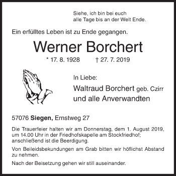 Traueranzeige von Werner Borchert von Siegener Zeitung