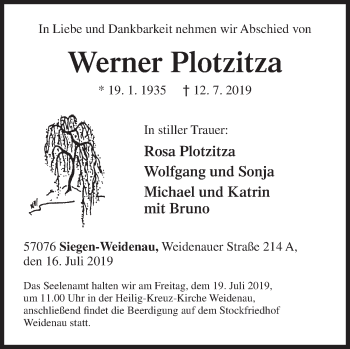 Traueranzeige von Werner Plotzitza von Siegener Zeitung