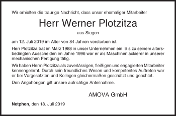 Traueranzeige von Werner Plotzitza von Siegener Zeitung