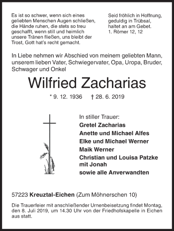 Traueranzeige von Wilfried Zacharias von Siegener Zeitung