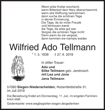 Traueranzeige von Wilfried Ado Tellmann von Siegener Zeitung