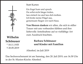 Traueranzeige von Wilhelm Schönauer von Siegener Zeitung