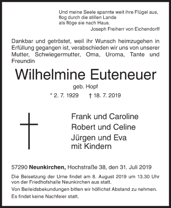 Traueranzeige von Wilhelmine Euteneuer von Siegener Zeitung