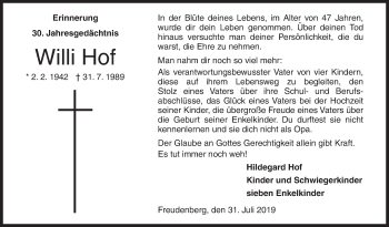 Traueranzeige von Willi Hof von Siegener Zeitung