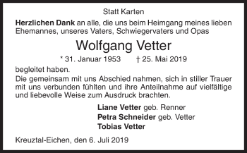 Traueranzeige von Wolfgang Vetter von Siegener Zeitung
