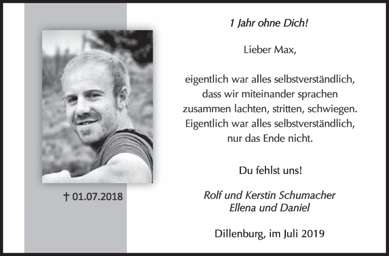  Traueranzeige für Maximilian Schumacher vom 01.07.2019 aus Siegener Zeitung