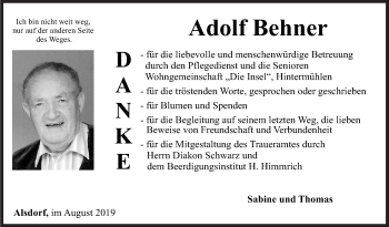 Traueranzeige von Adolf Behner von Siegener Zeitung
