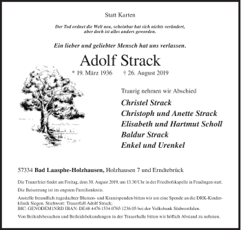 Traueranzeige von Adolf Strack von Siegener Zeitung