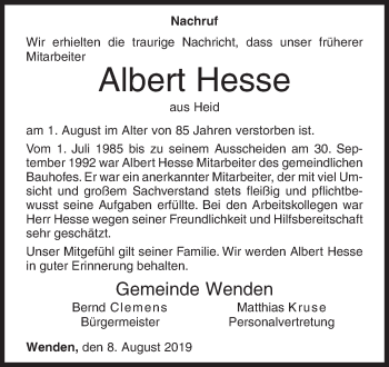 Traueranzeige von Albert Hesse von Siegener Zeitung