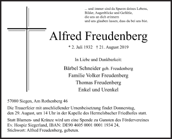 Traueranzeige von Alfred Freudenberg von Siegener Zeitung